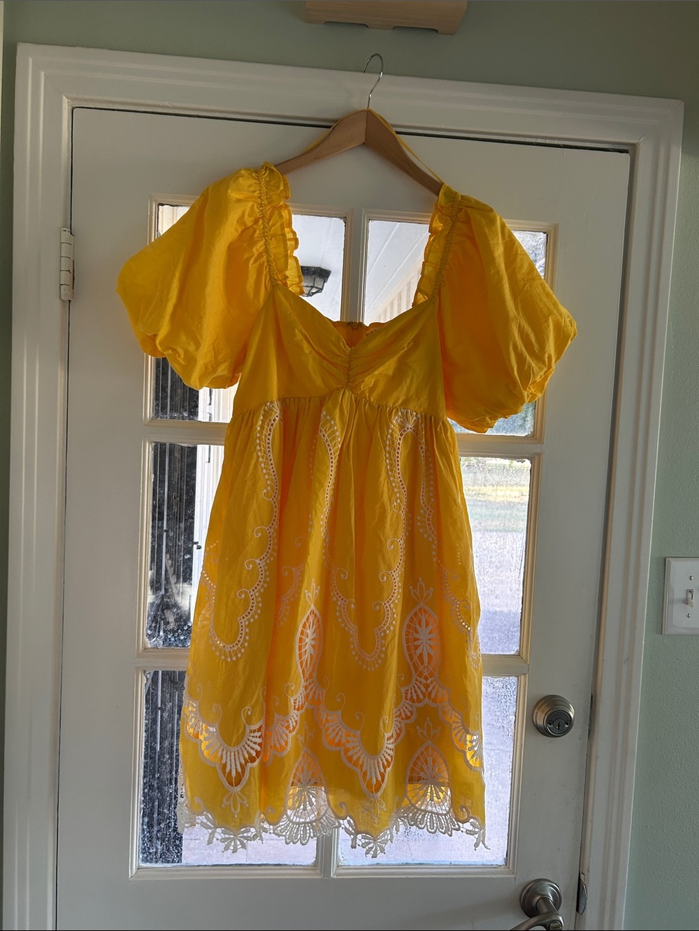 Anthropologie Bright Yellow Embroidered Puff-Sleeve Mini Dress